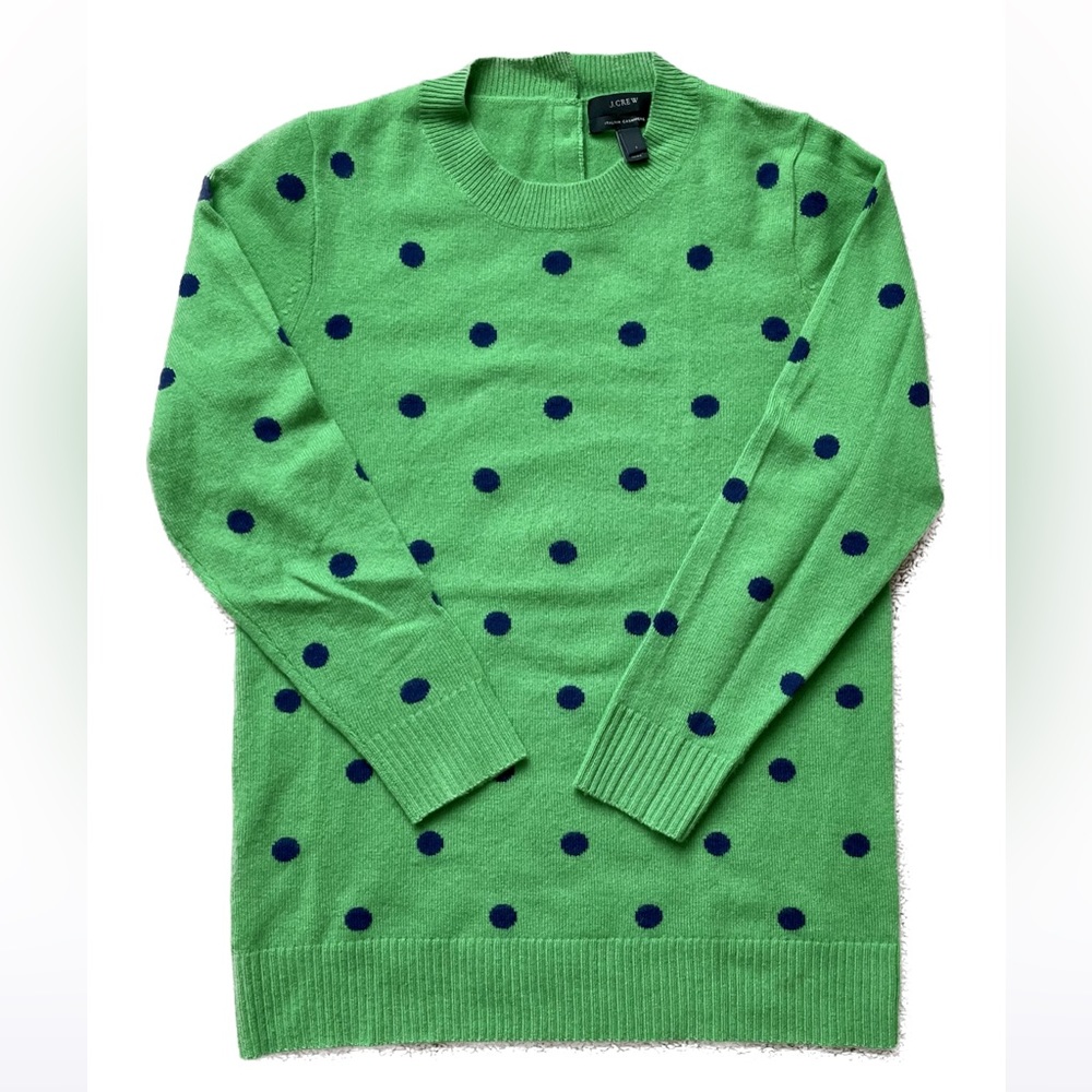 J. Crew Italian 100% Cashmere Polka Dot Sweater, 3/4 sleeve Green, Blue S